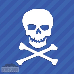 May include: White skull and crossbones design on a blue background. The skull has two eye sockets, a nose, and a mouth. The crossbones are white and are positioned below the skull.
