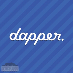 May include: White cursive text on a blue background with diagonal white stripes. The text reads "dapper."