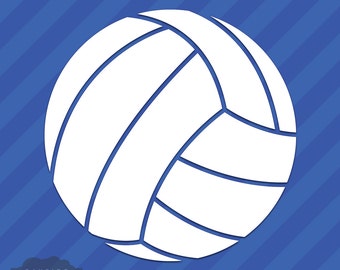May include: A white volleyball with black seams. The volleyball is on a blue background with diagonal stripes.