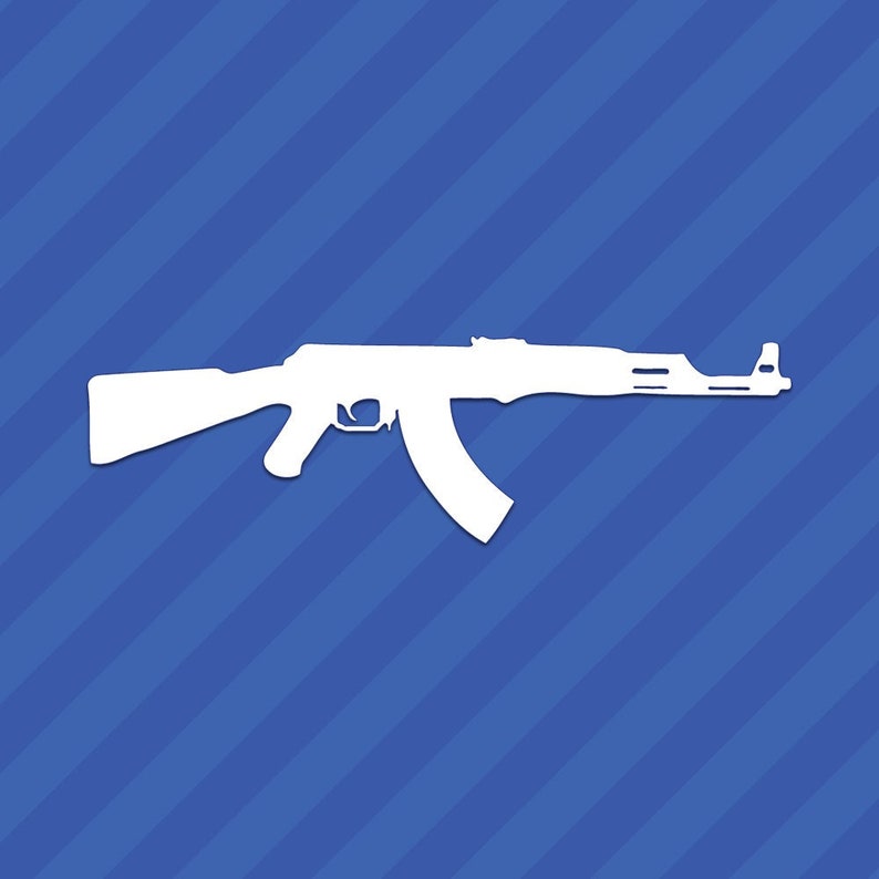 Puede incluir: Una silueta blanca de un rifle de asalto sobre un fondo azul y blanco a rayas.