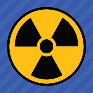 May include: A yellow circle with a black radiation symbol inside. The symbol has three black triangular blades with a black circle in the centre.