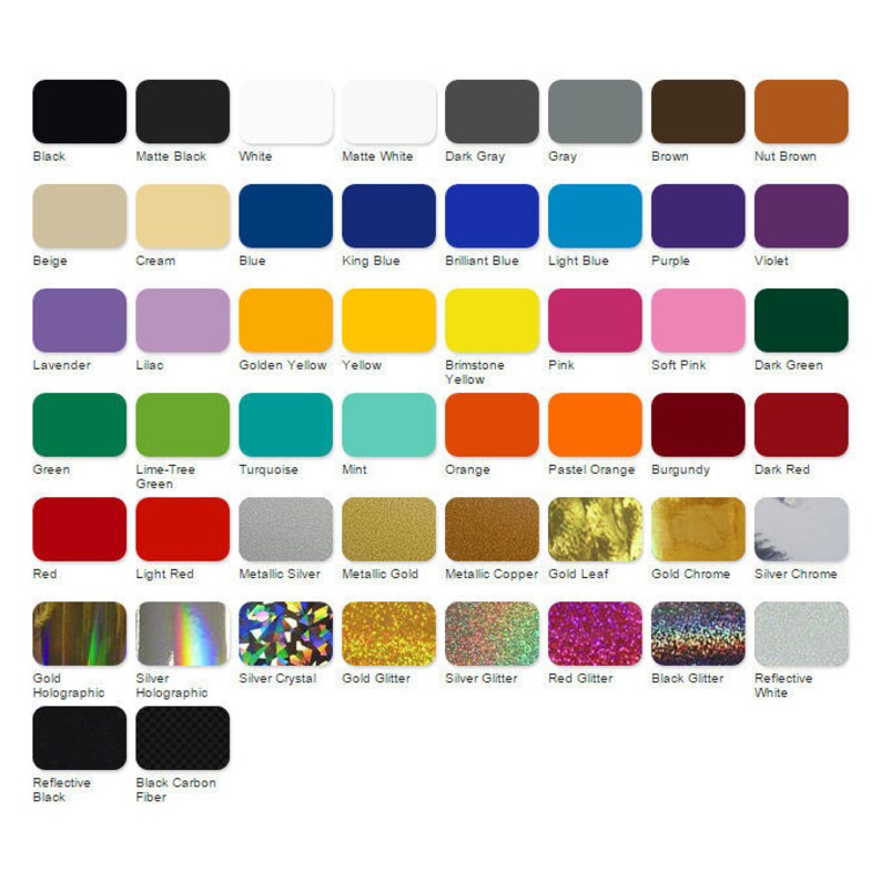 May include: A chart of 48 different color swatches, including solid colors, metallic colors, glitter colors, and holographic colors. The colors are arranged in rows and columns, and each color is labeled with its name.
