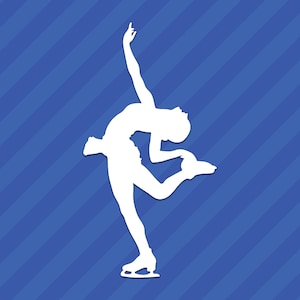 Peut inclure: Une silhouette blanche d'une personne faisant du patinage sur glace sur un fond bleu avec des rayures blanches diagonales.