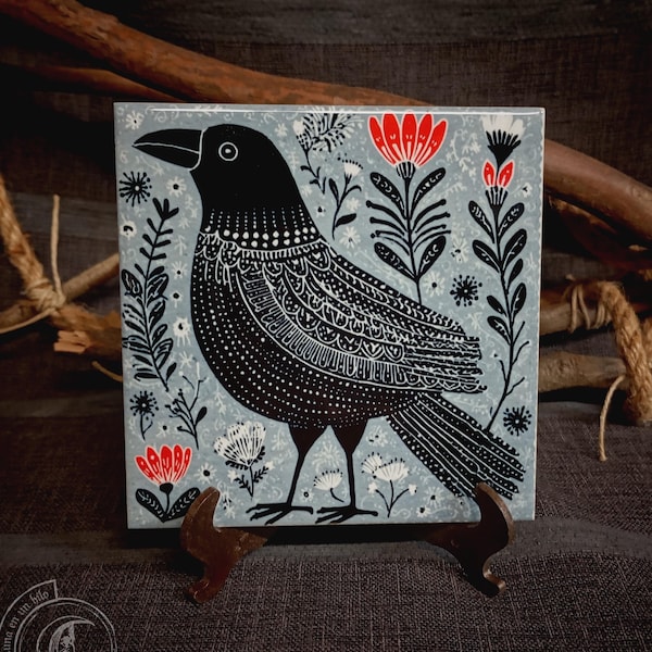 Ceramic Tile Decor - Crow || Raven, nordic decor, scandinavian folk art, gift for crow lovers,