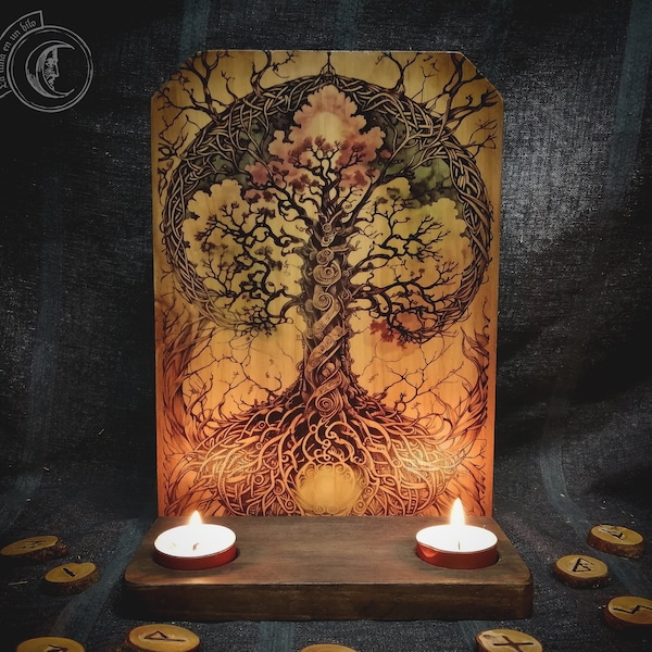 Rituele altaarkaarsenhouder - Yggdrasil, Viking decoratie, Noors, Asatru, levensboom, Odin, kaarsen, wijsheid,