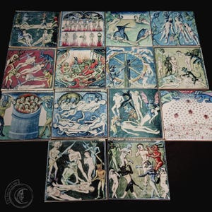 May include: A collection of sixteen square tiles, each depicting scenes of torment and suffering in a medieval style. The artwork features figures in various states of distress, with demons and other grotesque creatures. The color palette includes blues, reds, and greens.