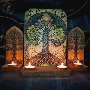 Yggdrasil wall decor BUNDLE | Wooden Candle holder, gift, norse decor, viking, Asatru, Tree of life, Odin, candles, rustic, cosmic tree