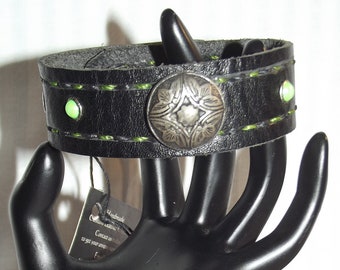 NEW! OOAK handmade genuine leather bracelet cuff .925 sterling silver dome and lime green trim, gothic bracelet, punk bracelet, leather,