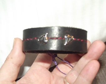 NEW! OOAK handmade genuine leather bracelet cuff with swirled hearts and  red and black stitching, gothic bracelet, punk bracelet,
