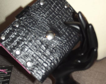 NEW! OOAK handmade genuine leather wallet, black embossed croc print on cowhide, pink card holder pocket liner , snap closure