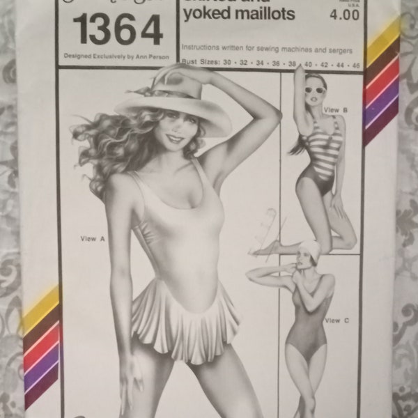 Vintage 1980s SWIM~BATHING Suit PATTERN, Maillot Skirted+Plain Unused / Uncut 'Stretch & Sew' #1364