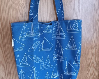 Simple Lined Tote Bag, Grocery Bag, Nautical Sail Boat Design