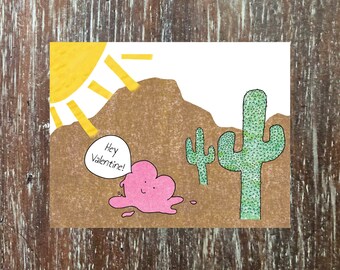 heart melting Valentine's Day card with cartoon heart in the desert, 'I am a puddle of love for you,' great for lover, partner, spouse