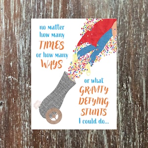 Fun and poetic love card with with confetti and daredevil stunts, 'nothing could translate into how much I love you'