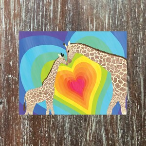 Vibrant, colorful giraffe Mother's Day card, mama nuzzles baby with rainbow heart background, your love makes me feel 10 feet tall!