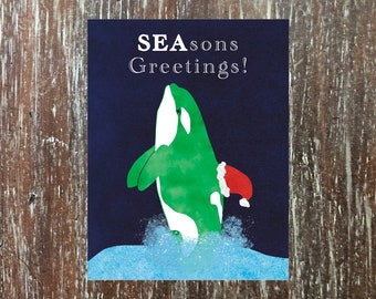Orca SEAsonal greeting card with whale wearing Santa's hat on it's dorsal fin - send BIG love to your family and friends!