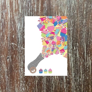 birthday card with cupcakes and confetti shooting out of a cannon, 'happy birthday you sweet thang'