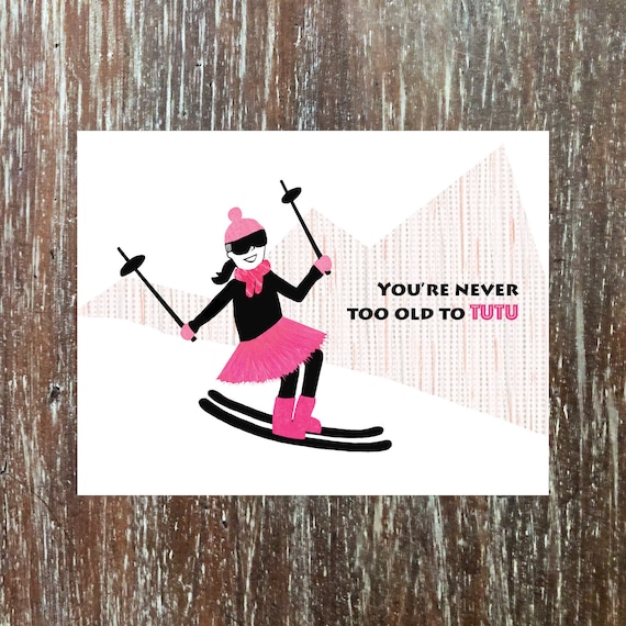 Skiing birthday card with hot pink tutu and girl power | Etsy