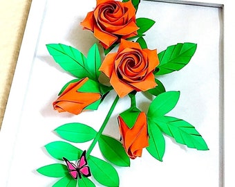 origami pentagon paper rose - flower wall art - unique wedding gift  - origami wall decor