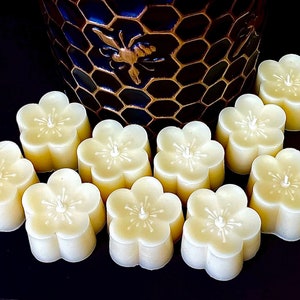 May include: Ten small, white, flower-shaped candles with a raised center. The candles are arranged in a semi-circle on a black surface.