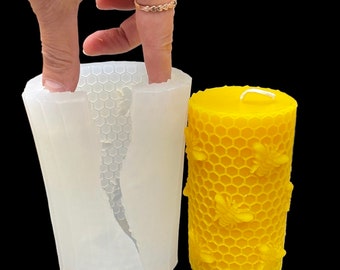 Silicone round cylinder Pillar candle Mold designed with honeybees on honeycomb  - 2 5/16” x 4 5/16”