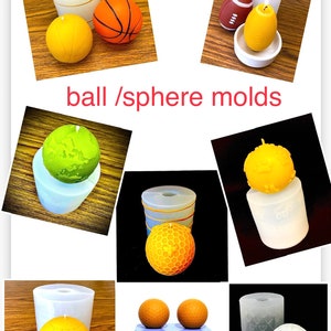K&ouml;nnte beinhalten: Eine Sammlung von Silikonformen zum Herstellen von kugelf&ouml;rmigen Kerzen. Die Formen werden mit verschiedenen fertigen Kerzen gezeigt, darunter ein Basketball, ein Fu&szlig;ball, ein Golfball, ein Wabenmuster und eine strukturierte Kugel.