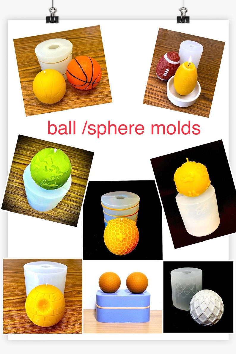 K&ouml;nnte beinhalten: Eine Sammlung von Silikonformen zum Herstellen von kugelf&ouml;rmigen Kerzen. Die Formen werden mit verschiedenen fertigen Kerzen gezeigt, darunter ein Basketball, ein Fu&szlig;ball, ein Golfball, ein Wabenmuster und eine strukturierte Kugel.