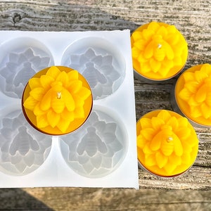 Silicone honey bee Tealight candle Mold - honeybee on flower tealight mold - 4 cavities - wax melt lotion bar - guest soap