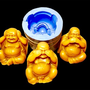 Moule Bouddha riant en silicone 3D - Bougie - Savon - Résine - Ne vois pas, ne chauffe pas, ne parle pas