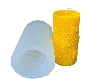 Silicone round cylinder Pillar candle Mold designed with honeybees on honeycomb  - 2 1/8” x 4 5/16”
