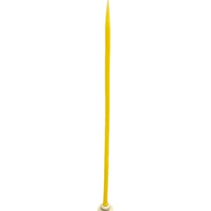 May include: A long, yellow beeswax candle with a white tip, standing on a small white base.