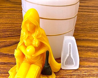 3D Silicone witch Mold - homemade candle soap resin mould - Halloween mold - 5 1/4” - witch with crystal ball and black cat
