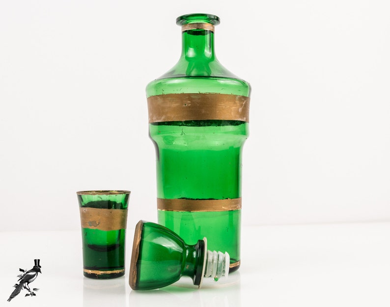 Vintage Emerald Green Glass Liquor Decanter Set With Glass Etsy