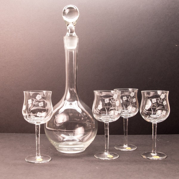 Vintage Romanian Glass/Crystal Ball Decanter with Stopper and 4 Long Stemmed Floral Etched Wine Glasses