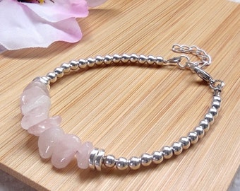Rose Quartz and Hematite Beaded Bracelet • Handmade Pink and Silver Adjustable Crystal Bracelet • January Birthstone & 5th Anniversary