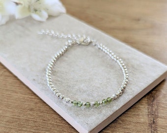 Dainty Peridot Beaded Bracelet • August Birthstone, Silver-Plated