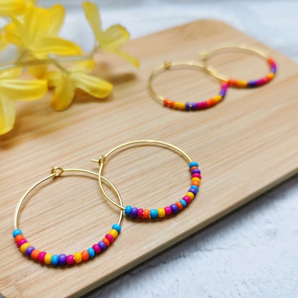 Two Pairs of Beaded Hoop Earrings • Colourful Handmade Boho Gold or Silver Seed Bead Hoops • Dainty and Fun Jewellery