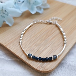 Blue Sapphire Beaded Bracelet • September and Virgo Birthstone • Dainty Gemstone, Crystal, and Silver Stacking Bracelet