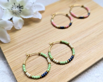 Two Pairs of Pastel Beaded Hoops • Dainty Gold Boho Hoop Earrings