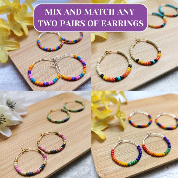 Choose Two Pairs of Beaded Hoops • Dainty Seed Bead Hoop Earrings Duo • Colorful Gold and Silver Handmade Boho Jewellery