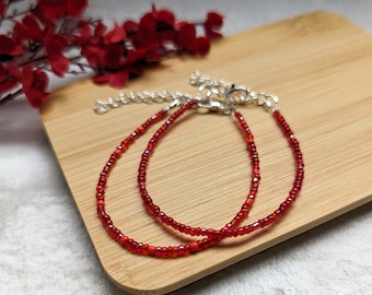 Red Seed Bead Bracelet Set, Dainty Silver Plated Stacking Bracelets