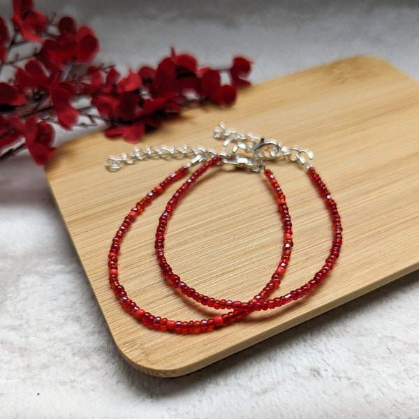 Red Beaded Bracelet Set • Shades of Red Dainty Stacking Bracelets • Boho Seed Bead Jewellery for Women • Friendship Bracelets