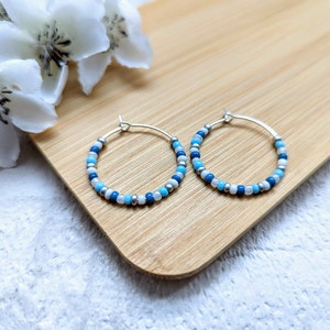 May include: A pair of silver hoop earrings with blue and white beads. The earrings are on a wooden surface.