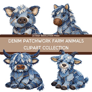 Denim patchwork boerderijdieren png-bundel | Rustieke Blue Jean boerderij clipart | 24 png-bestanden: hond, paard, hooglandkoe, geit, eend, haan, lam
