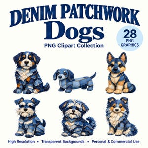Op de afbeelding: Een digitale collectie van 28 PNG-afbeeldingen getiteld DENIM PATCHWORK Dogs, met zes verschillende hondenillustraties in een blauwe denim patchwork-esthetiek, inclusief diverse rassen met gestikte stoftexturen en zichtbare naden.