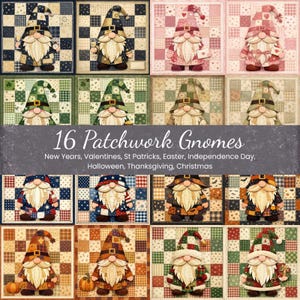 Patchwork-Gnome-PNG-Bundle | Saisonale Gnome-Cliparts | Neujahr, Valentinstag, Ostern, St. Patrick's Day, Halloween, Thanksgiving, Weihnachten