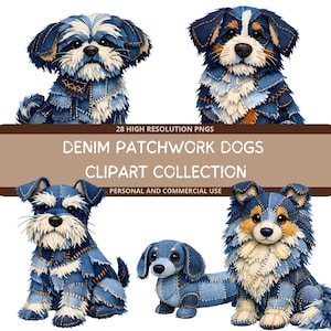 May include: A collection of four dog illustrations crafted from denim patchwork. The dogs feature various breeds and poses, showcasing intricate stitching and denim textures. The image includes text that reads "DENIM PATCHWORK DOGS CLIPART COLLECTION".