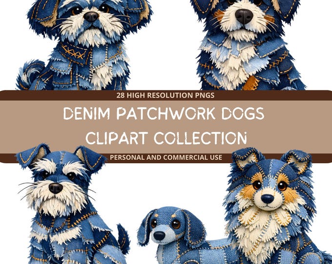 Denim Patchwork Dog PNG Bundle Set of 28 | Cute Puppy Clipart | Quilted ...