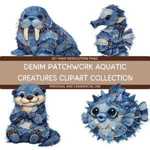 Op de afbeelding: Een verzameling denim patchwork waterdieren, waaronder een walrus, zeepaardje, otter en kogelvis. De afbeelding bevat de tekst "Denim Patchwork Aquatic Creatures Clipart Collection".