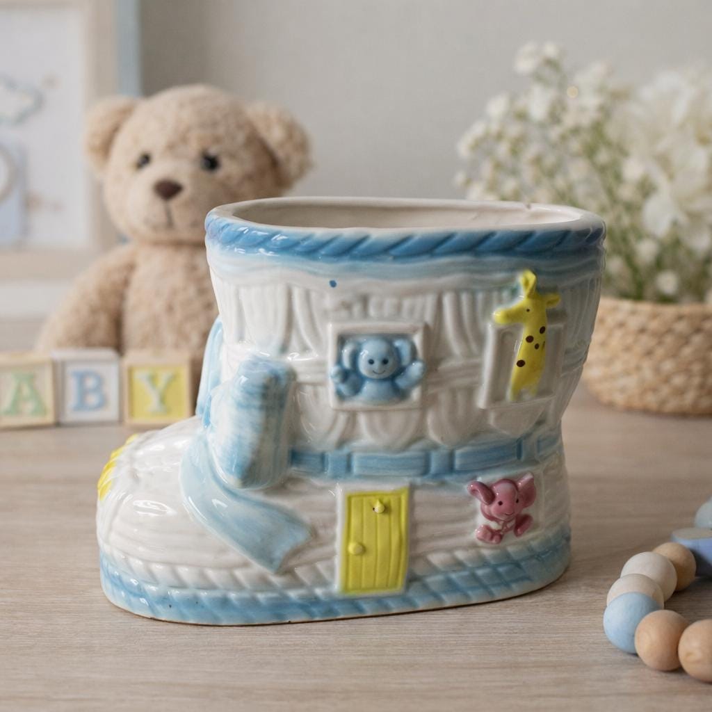 Vintage Baby Boot Planter Ceramic Nursery Decor Noahs Ark Animals